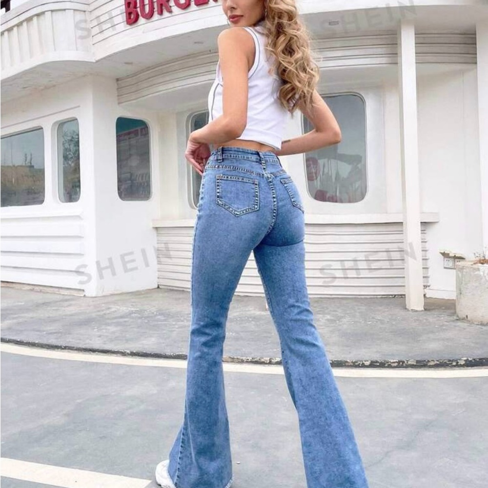 Shein High Rise Raw Hem Flare Jeans